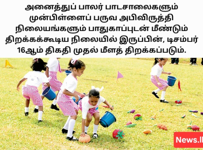 சகல பாலர் பாடசாலைகள் மற்றும் முன்பிள்ளைப் பருவ அபிவிருத்தி நிலையங்கள் எதிர்வரும் 16ஆம் திகதி மீளத் திறக்கப்படும்